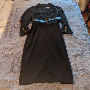 Calvin Klein Belted V-Neck Dress with Gold Button Details - Black - Size 8